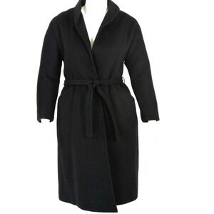 70s Vintage Melton Wool Wrap Coat Womens M Long Black Belted Overcoat Silk Lined